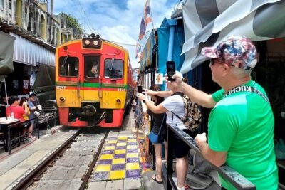 Amphawa and Railway Markets with Boat Ride Group Tour - Wat Bang Kung: banyan roots holding a temple together