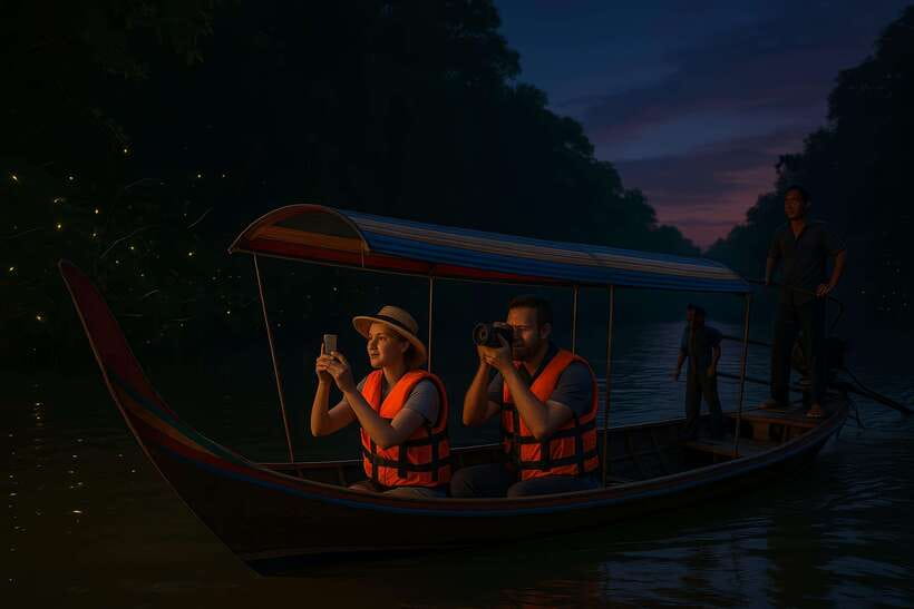 Twilight Firefly Bangkok Bicycle Tour - Thai dinner by the river: where the skyline becomes the backdrop